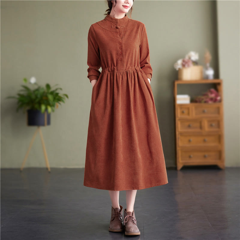 Buddha Stones Vestido de manga larga para mujer de pana lisa con cuello mandarín, estilo vintage, para otoño/invierno, con bolsillo. - Perú - US8-10, UK/AU12-14, EU40-42 (2XL) - image 10