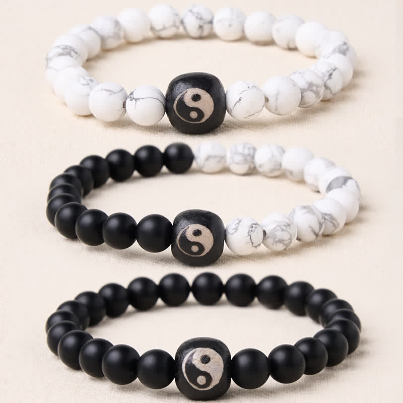 Buddha Stones Pulsera de cuentas redondas con equilibrio Yin Yang, ónix negro y turquesa blanca - image 0