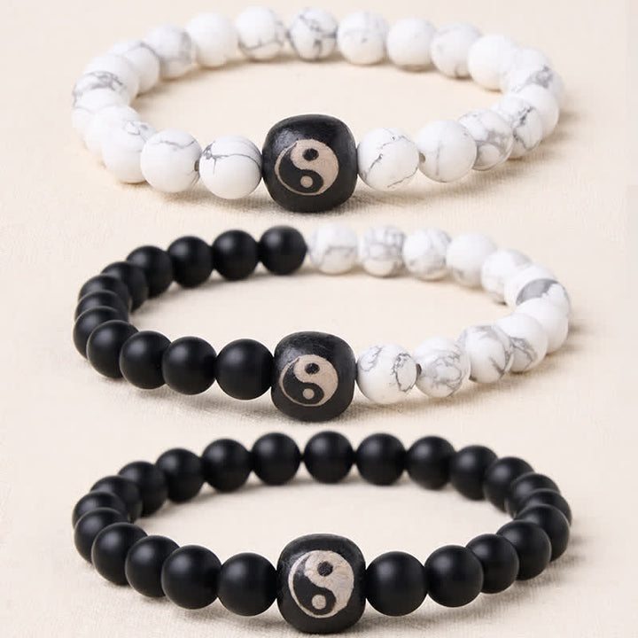 Buddha Stones Pulsera de cuentas redondas con equilibrio Yin Yang, ónix negro y turquesa blanca - image 0
