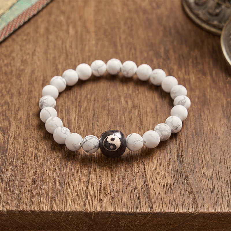 Buddha Stones Pulsera de cuentas redondas con equilibrio Yin Yang, ónix negro y turquesa blanca - image 3
