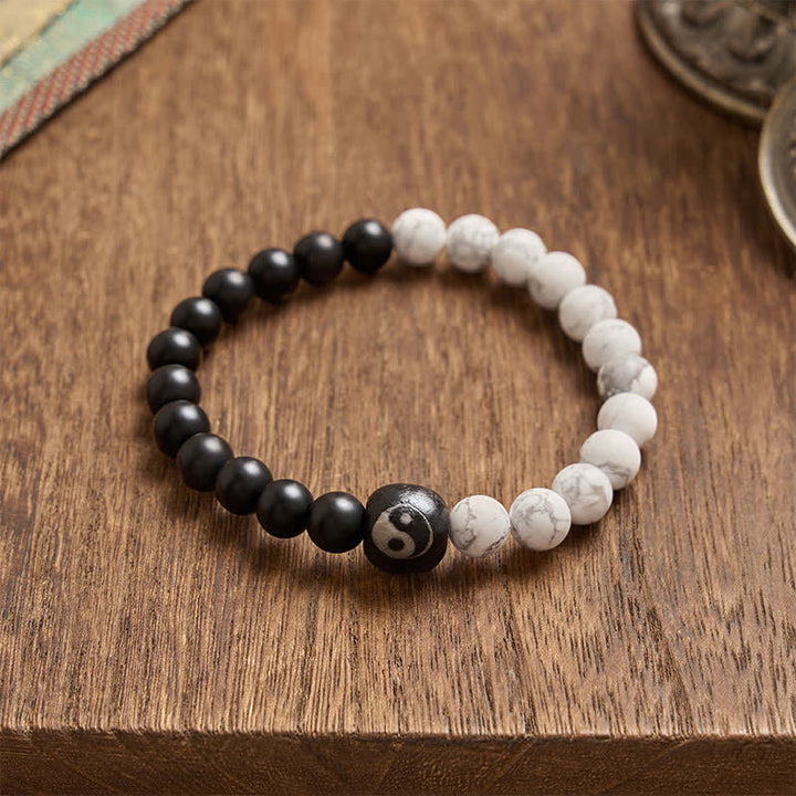 Buddha Stones Pulsera de cuentas redondas con equilibrio Yin Yang, ónix negro y turquesa blanca - image 12
