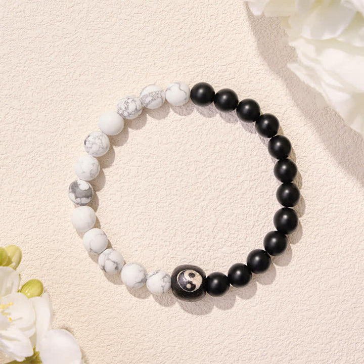 Buddha Stones Pulsera de cuentas redondas con equilibrio Yin Yang, ónix negro y turquesa blanca - image 13