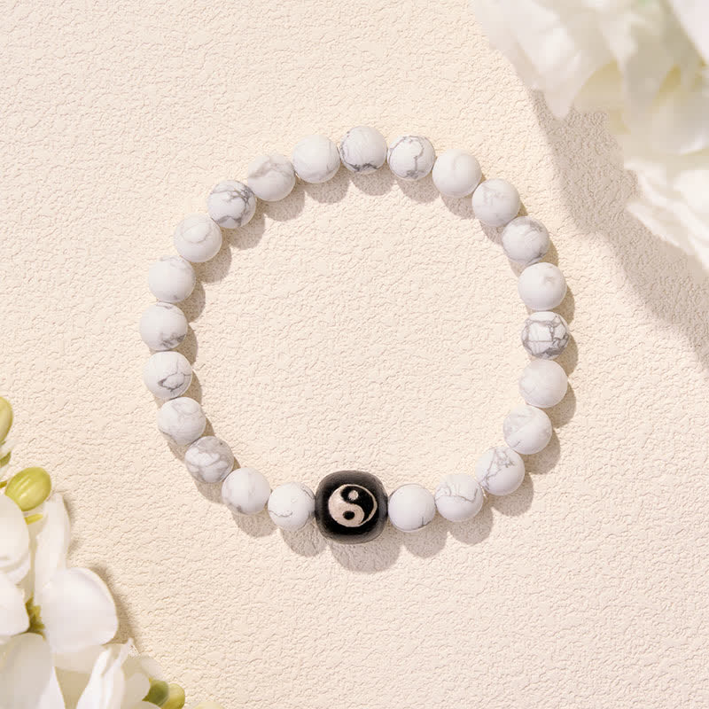Buddha Stones Pulsera de cuentas redondas con equilibrio Yin Yang, ónix negro y turquesa blanca - image 4