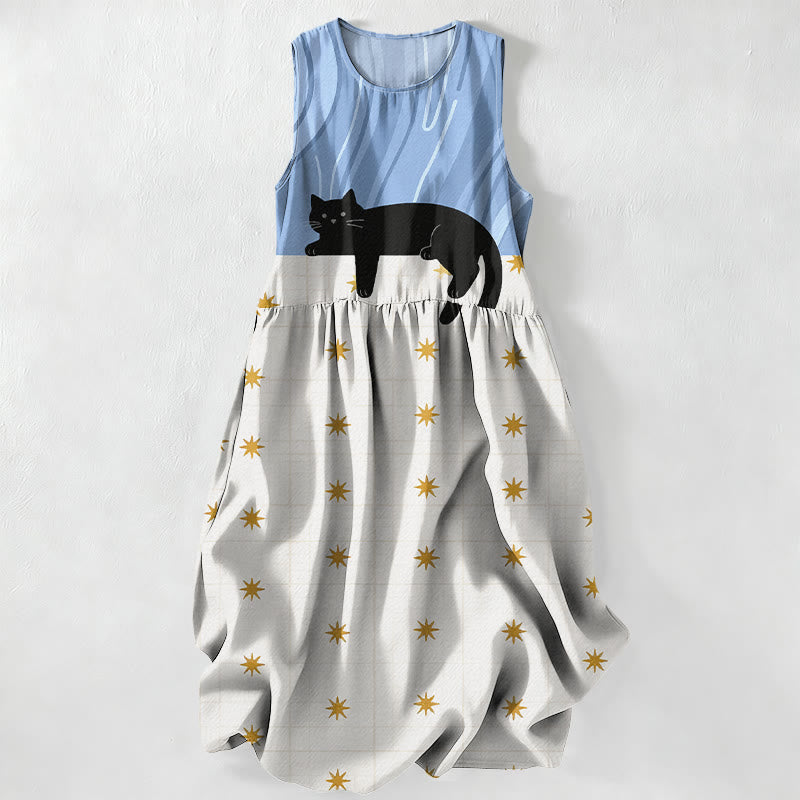 Buddha Stones Vestido midi de verano informal para mujer con estampado de estrellas y gato negro, sin mangas y con bolsillos. - Azul cielo claro - US16，UK/AU20，EU48 (3XL) - image 4