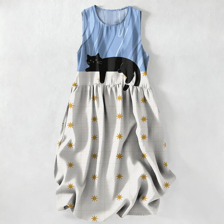 Buddha Stones Vestido midi de verano informal para mujer con estampado de estrellas y gato negro, sin mangas y con bolsillos. - Azul cielo claro - US16，UK/AU20，EU48 (3XL) - image 4