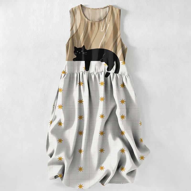 Buddha Stones Vestido midi de verano informal para mujer con estampado de estrellas y gato negro, sin mangas y con bolsillos. - Broncearse - US16，UK/AU20，EU48 (3XL) - image 5