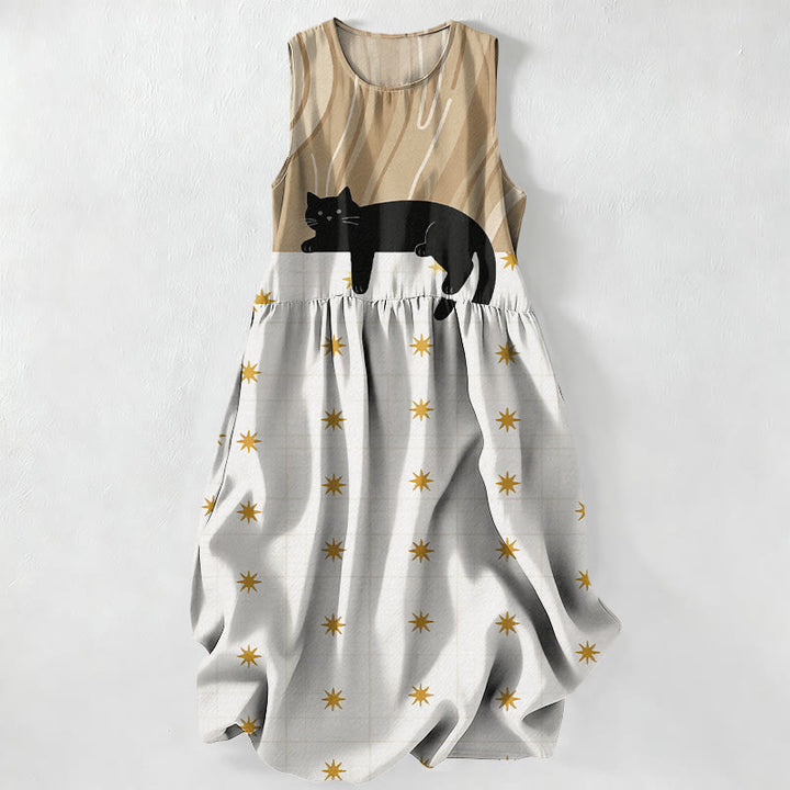 Buddha Stones Vestido midi de verano informal para mujer con estampado de estrellas y gato negro, sin mangas y con bolsillos. - Broncearse - US16，UK/AU20，EU48 (3XL) - image 5
