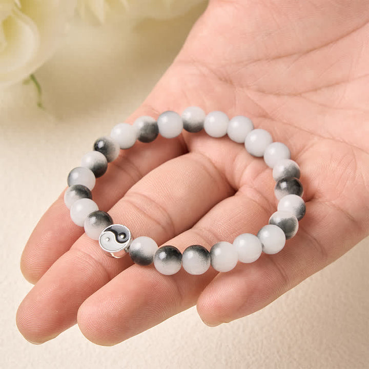 Buddha Stones Pulsera de equilibrio bicolor Yin Yang con cuentas planas de aleación y cristal - image 4