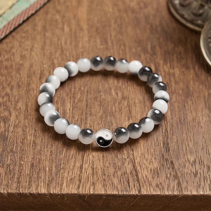 Buddha Stones Pulsera de equilibrio bicolor Yin Yang con cuentas planas de aleación y cristal - image 3