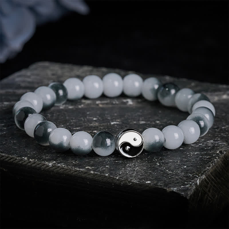 Buddha Stones Pulsera de equilibrio bicolor Yin Yang con cuentas planas de aleación y cristal - image 5