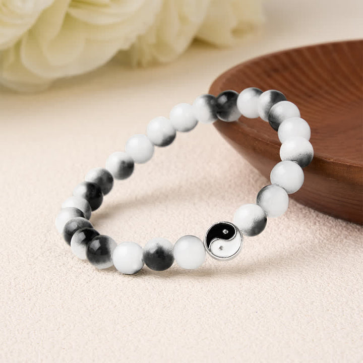 Buddha Stones Pulsera de equilibrio bicolor Yin Yang con cuentas planas de aleación y cristal - image 2