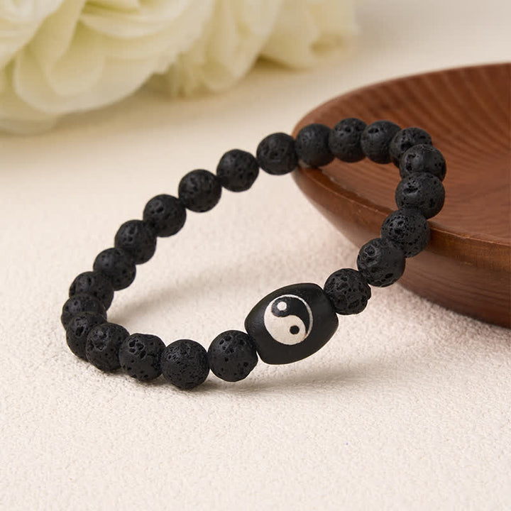 Buddha Stones Pulsera de soporte con cuentas Yin Yang de ónix negro y roca volcánica - image 1