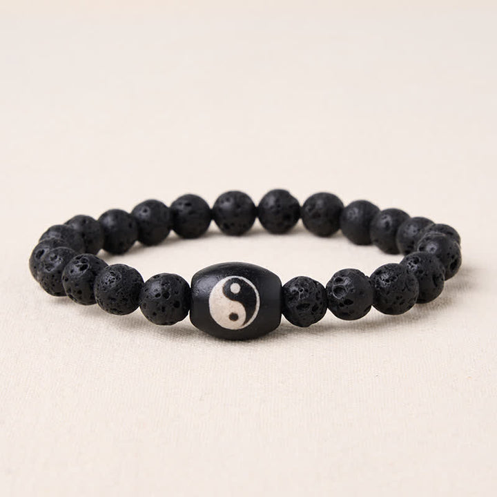 Buddha Stones Pulsera de soporte con cuentas Yin Yang de ónix negro y roca volcánica - Roca volcánica (circunferencia de la muñeca: 15-16 cm) - image 0