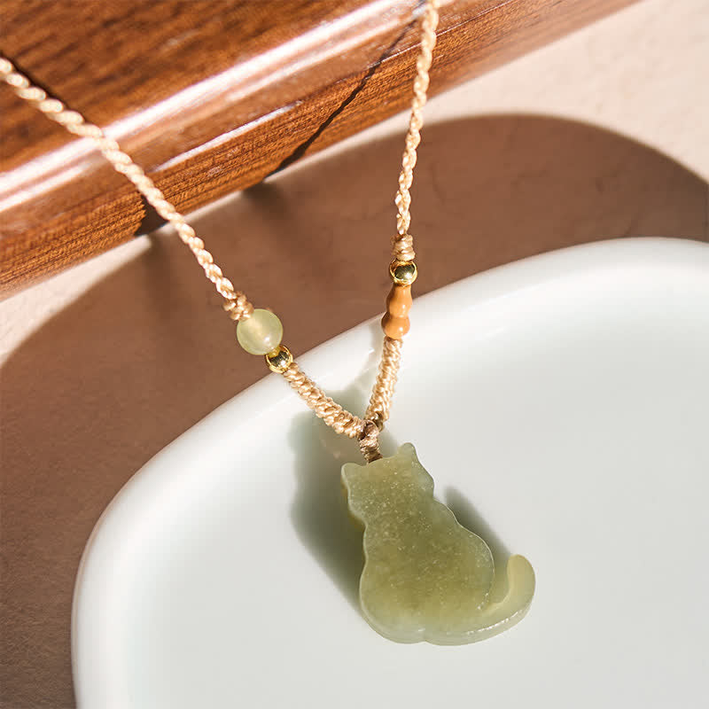 Buddha Stones Collar con colgante de cordón trenzado de gato de jade, símbolo de abundancia - image 1