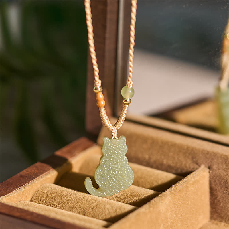 Buddha Stones Collar con colgante de cordón trenzado de gato de jade, símbolo de abundancia - image 4