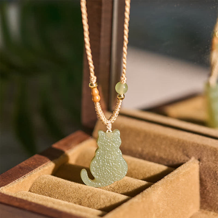 Buddha Stones Collar con colgante de cordón trenzado de gato de jade, símbolo de abundancia - image 4