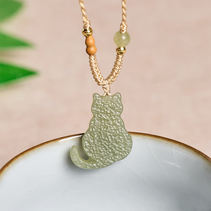 Buddha Stones Collar con colgante de cordón trenzado de gato de jade, símbolo de abundancia - Jade natural (el color puede variar) - image 0