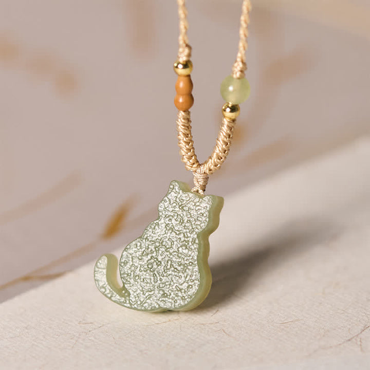 Buddha Stones Collar con colgante de cordón trenzado de gato de jade, símbolo de abundancia - image 3