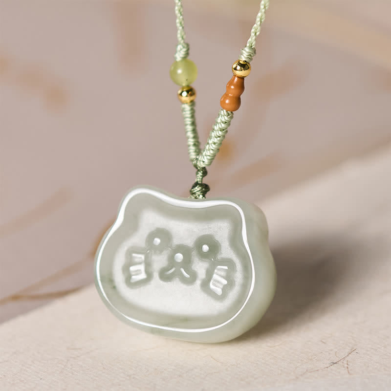 Buddha Stones Collar tejido a mano con diseño de gato de jade natural y armonía. - image 2