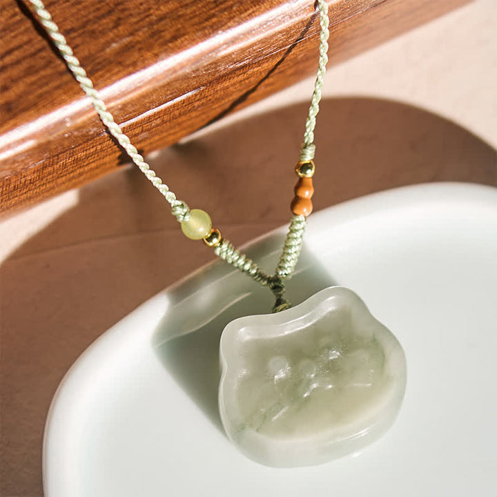 Buddha Stones Collar tejido a mano con diseño de gato de jade natural y armonía. - image 1