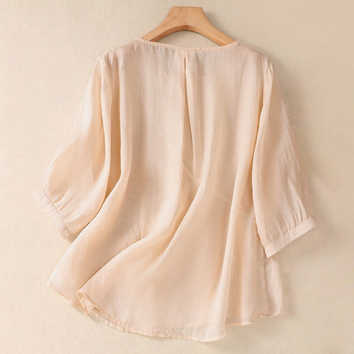 Camiseta de manga corta para mujer con cuello redondo y diseño de flores bordadas con Buddha Stones. - image 23