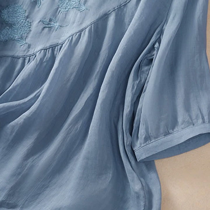 Camiseta de manga corta para mujer con cuello redondo y diseño de flores bordadas con Buddha Stones. - image 5