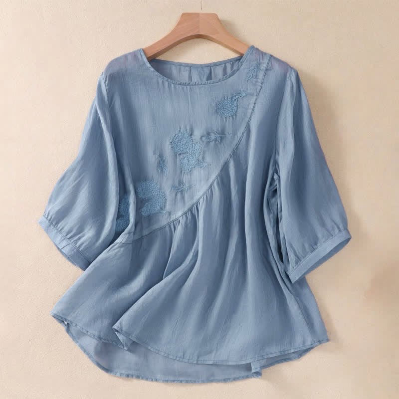Camiseta de manga corta para mujer con cuello redondo y diseño de flores bordadas con Buddha Stones. - Azul aciano - US8-10，UK/AU12-14，EU40-42 (2XL) - image 0