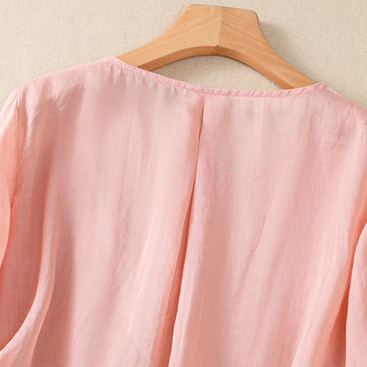 Camiseta de manga corta para mujer con cuello redondo y diseño de flores bordadas con Buddha Stones. - image 17