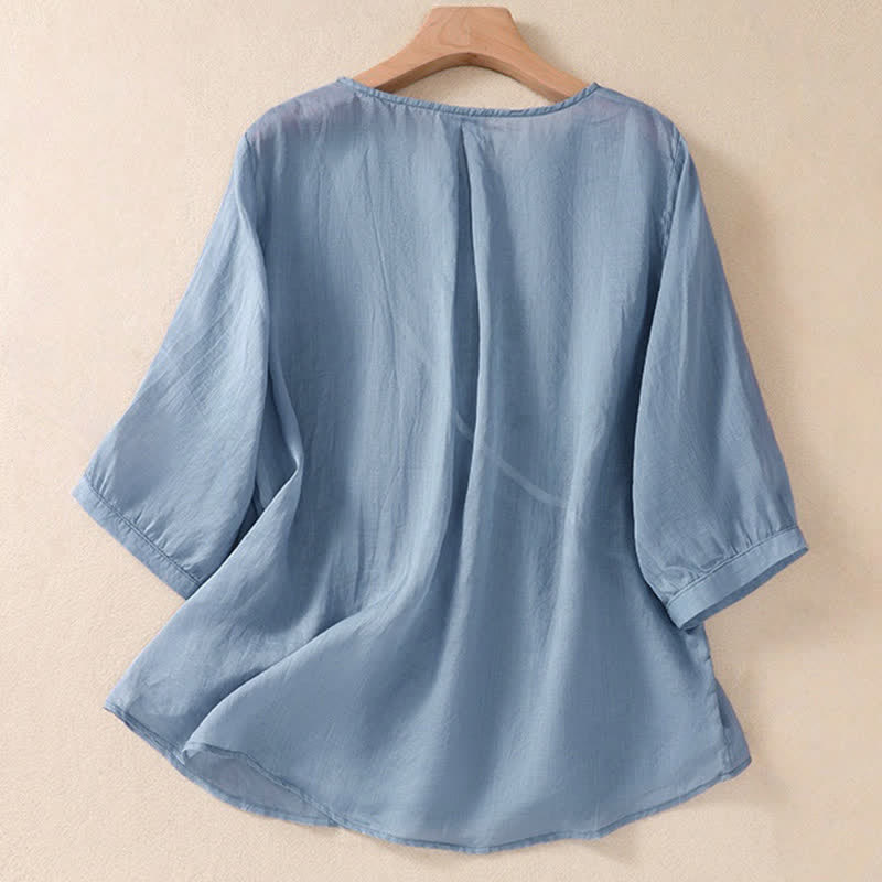 Camiseta de manga corta para mujer con cuello redondo y diseño de flores bordadas con Buddha Stones. - image 1