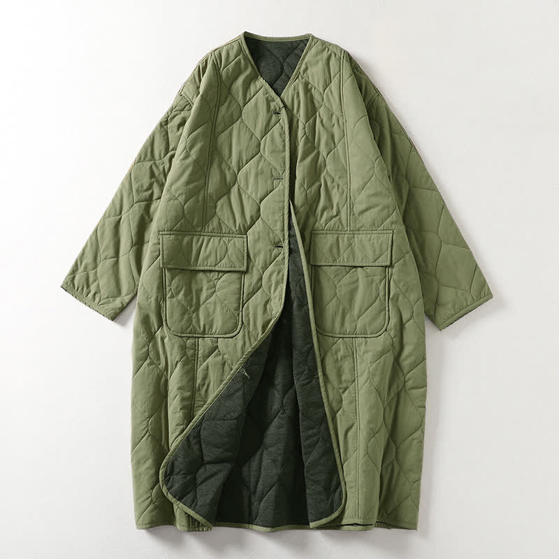 Abrigo de algodón para mujer con mangas largas, cuello en V, estampado de Buddha Stones lisos, con bolsillos. - Verde mar oscuro - US14，UK/AU18，EU46 (2XL) - image 6