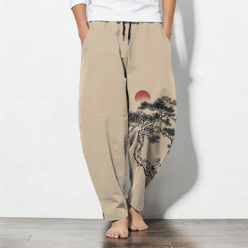 Buddha Stones Pantalones de hombre de algodón puro con estampado de pino y sol rojo, cordón ajustable y bolsillos. - Broncearse - US/UK/AU50, EU60 (5XL) - image 11