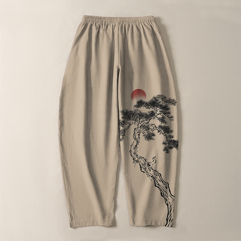 Buddha Stones Pantalones de hombre de algodón puro con estampado de pino y sol rojo, cordón ajustable y bolsillos. - image 14