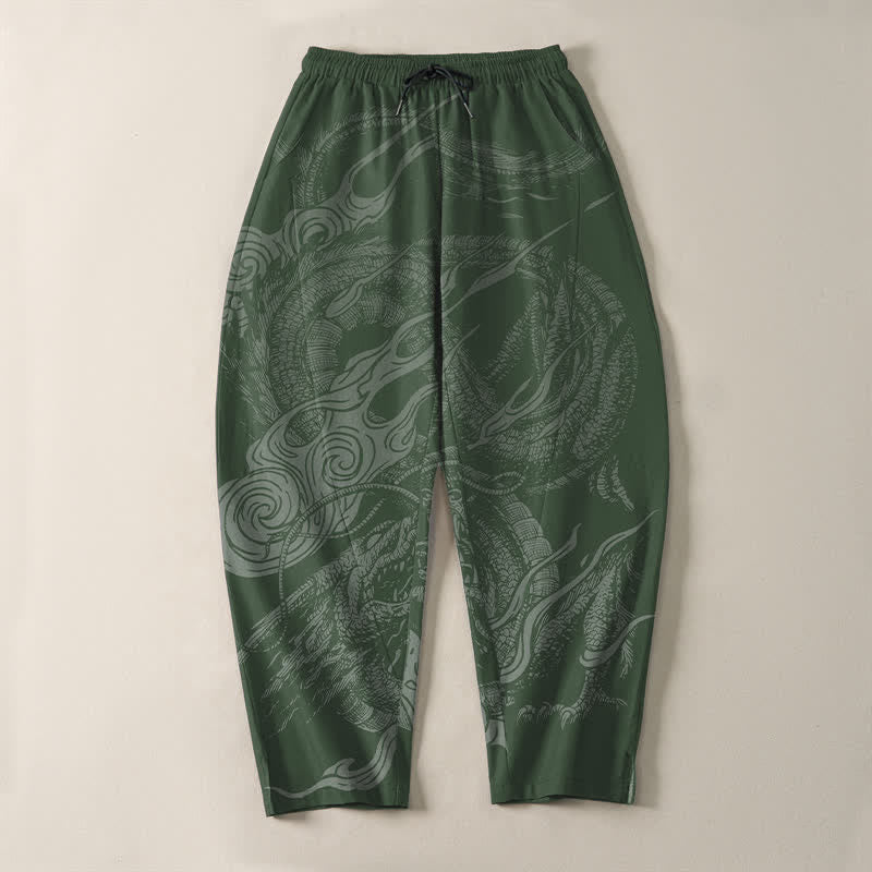 Buddha Stones Pantalones de hombre de algodón puro con estampado de ondas de dragón místico, cordón ajustable y corte cónico, con bolsillos. - image 13