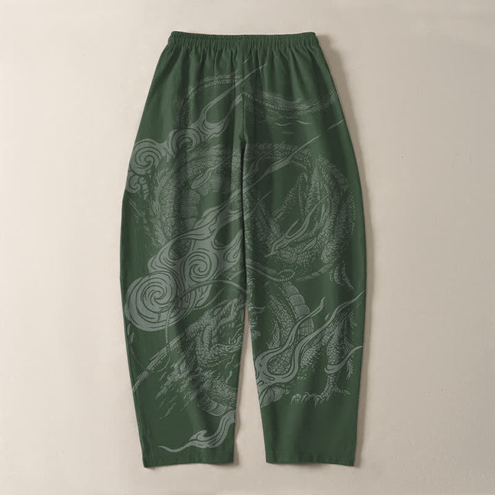 Buddha Stones Pantalones de hombre de algodón puro con estampado de ondas de dragón místico, cordón ajustable y corte cónico, con bolsillos. - image 14