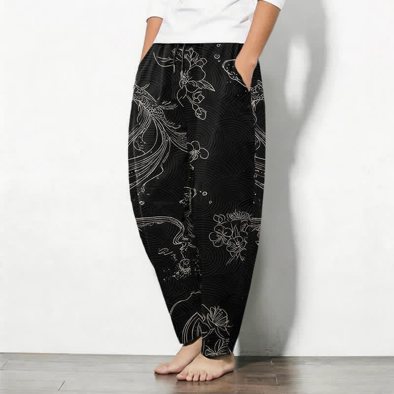 Buddha Stones Pantalones de hombre de algodón puro con estampado floral de olas y cordón ajustable, corte cónico y bolsillos. - image 1