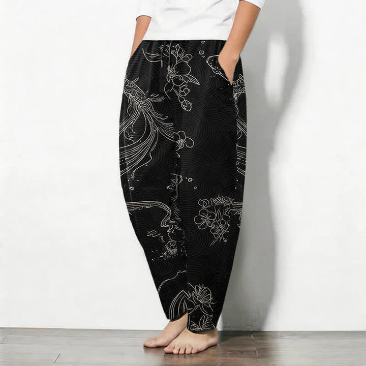 Buddha Stones Pantalones de hombre de algodón puro con estampado floral de olas y cordón ajustable, corte cónico y bolsillos. - image 1