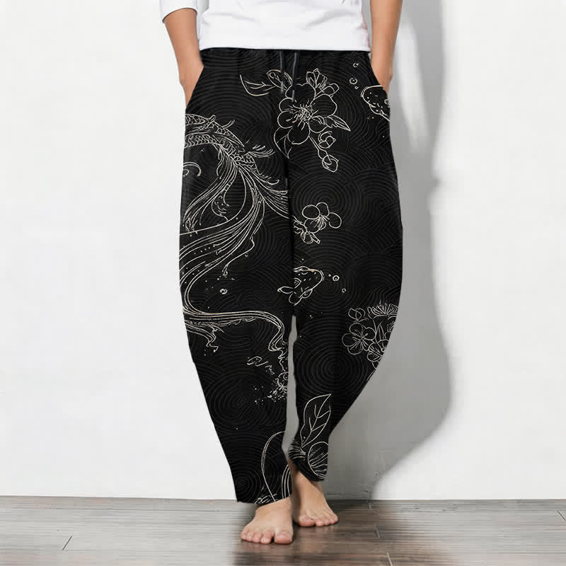 Buddha Stones Pantalones de hombre de algodón puro con estampado floral de olas y cordón ajustable, corte cónico y bolsillos. - Negro - US/UK/AU50, EU60 (5XL) - image 0
