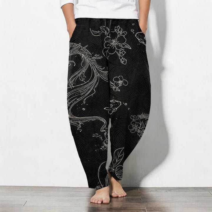 Buddha Stones Pantalones de hombre de algodón puro con estampado floral de olas y cordón ajustable, corte cónico y bolsillos. - Negro - US/UK/AU50, EU60 (5XL) - image 0