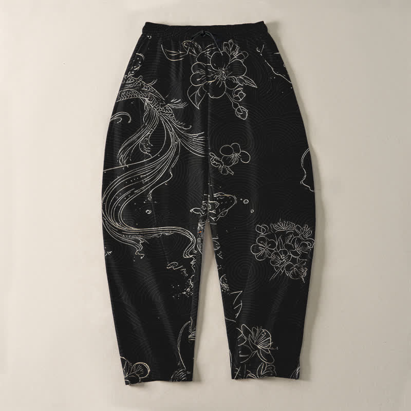 Buddha Stones Pantalones de hombre de algodón puro con estampado floral de olas y cordón ajustable, corte cónico y bolsillos. - image 2