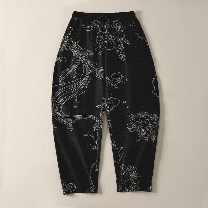 Buddha Stones Pantalones de hombre de algodón puro con estampado floral de olas y cordón ajustable, corte cónico y bolsillos. - image 2