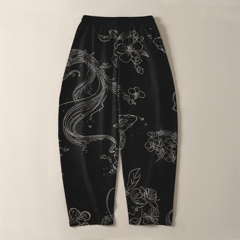 Buddha Stones Pantalones de hombre de algodón puro con estampado floral de olas y cordón ajustable, corte cónico y bolsillos. - image 3