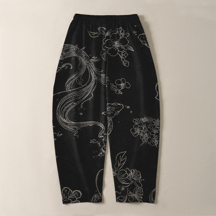 Buddha Stones Pantalones de hombre de algodón puro con estampado floral de olas y cordón ajustable, corte cónico y bolsillos. - image 3