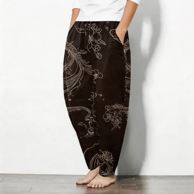 Buddha Stones Pantalones de hombre de algodón puro con estampado floral de olas y cordón ajustable, corte cónico y bolsillos. - image 8