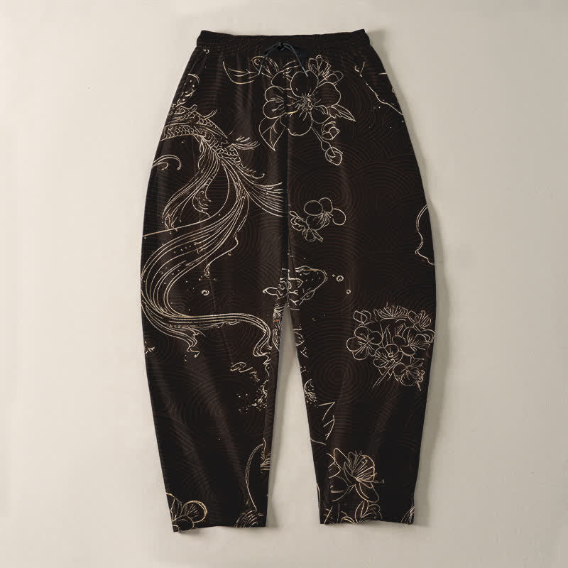 Buddha Stones Pantalones de hombre de algodón puro con estampado floral de olas y cordón ajustable, corte cónico y bolsillos. - image 9