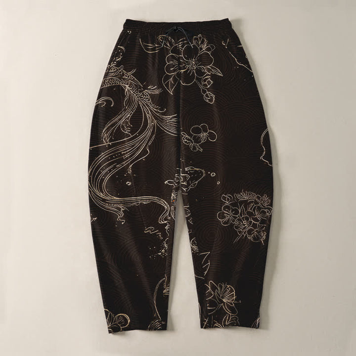 Buddha Stones Pantalones de hombre de algodón puro con estampado floral de olas y cordón ajustable, corte cónico y bolsillos. - image 9