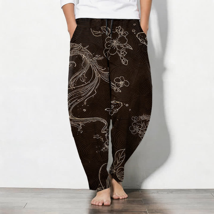Buddha Stones Pantalones de hombre de algodón puro con estampado floral de olas y cordón ajustable, corte cónico y bolsillos. - Marrón silla de montar - US/UK/AU50, EU60 (5XL) - image 7