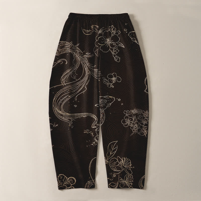 Buddha Stones Pantalones de hombre de algodón puro con estampado floral de olas y cordón ajustable, corte cónico y bolsillos. - image 10
