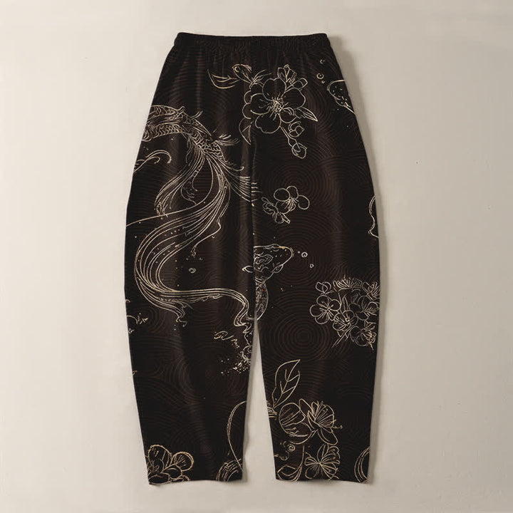 Buddha Stones Pantalones de hombre de algodón puro con estampado floral de olas y cordón ajustable, corte cónico y bolsillos. - image 10