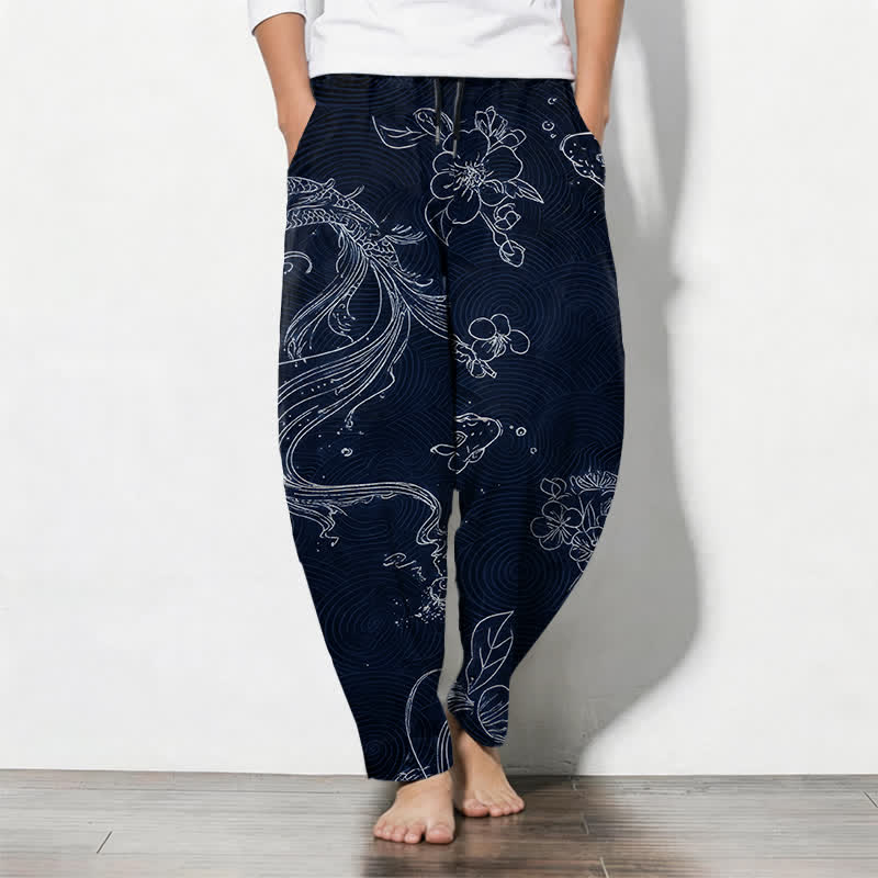 Buddha Stones Pantalones de hombre de algodón puro con estampado floral de olas y cordón ajustable, corte cónico y bolsillos. - Marina de guerra - US/UK/AU50, EU60 (5XL) - image 11