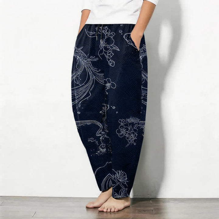 Buddha Stones Pantalones de hombre de algodón puro con estampado floral de olas y cordón ajustable, corte cónico y bolsillos. - image 12